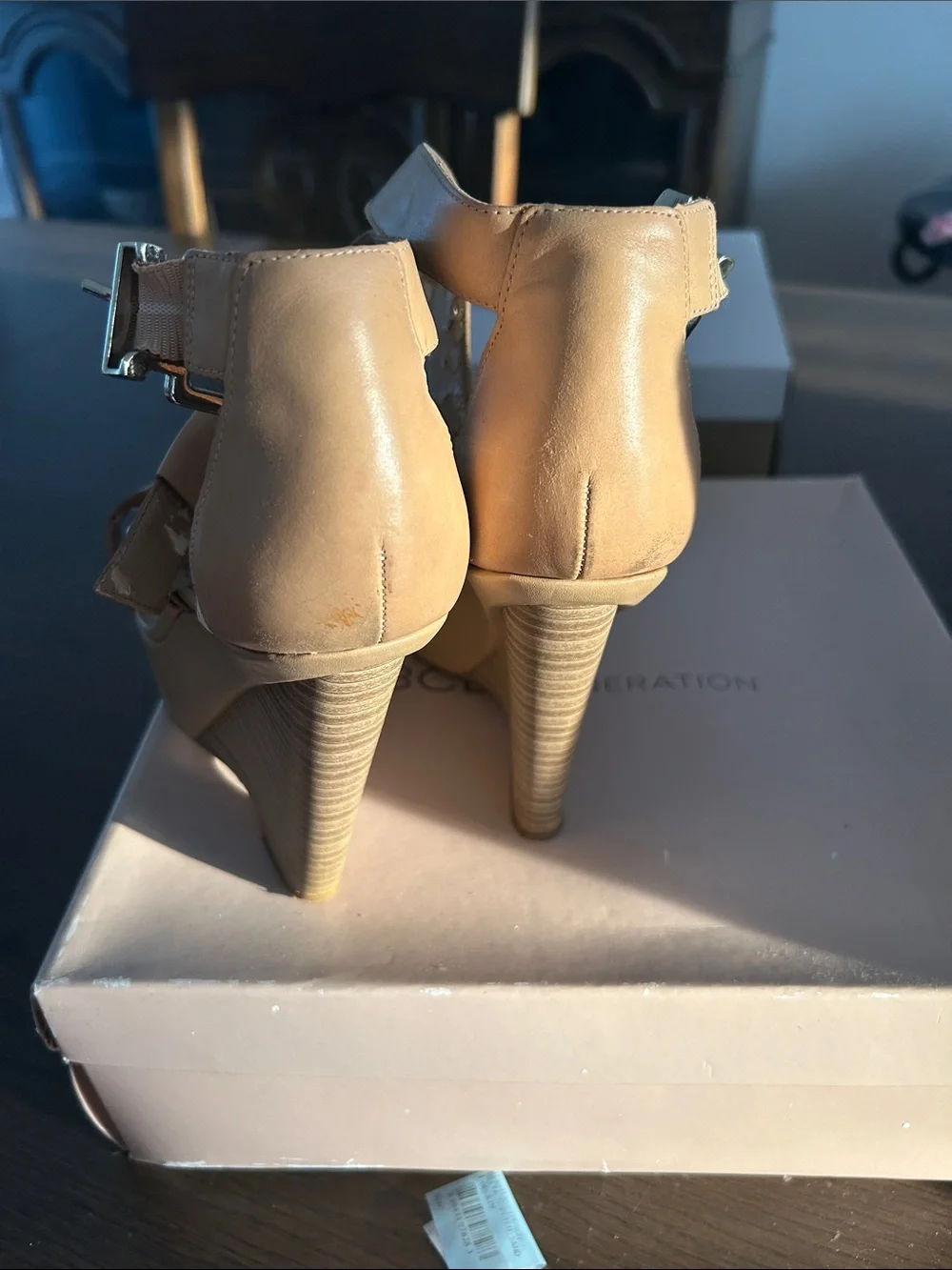 BCBG Beige Braided Ankle-Strap Wedge Sandals